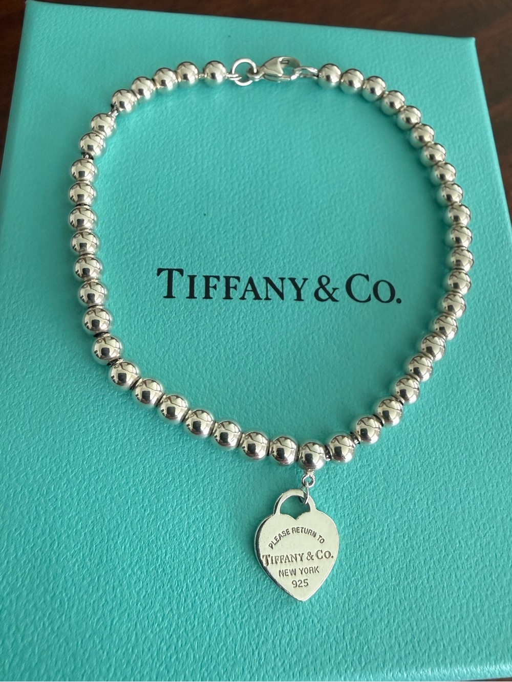 Authentic Tiffany & Co. 4mm Beaded Bracelet with PRTT Mini Heart Pendant